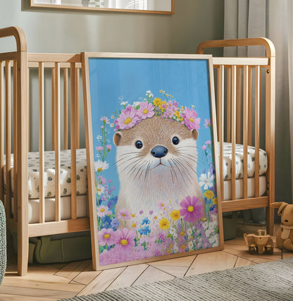 Floral Otter Wall Art - Cute Animal Print with Wildflowers, Woodland Nursery Decor, Baby Otter Illustration, Blue Pastel Kids Room Poster