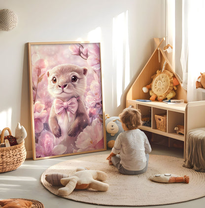 Nursery Wall Art - Cute Animal Print, Whimsical Pastel Nursery Decor, Adorable Otter Illustration, Soft Pink Kids Room Poster - Babies Room