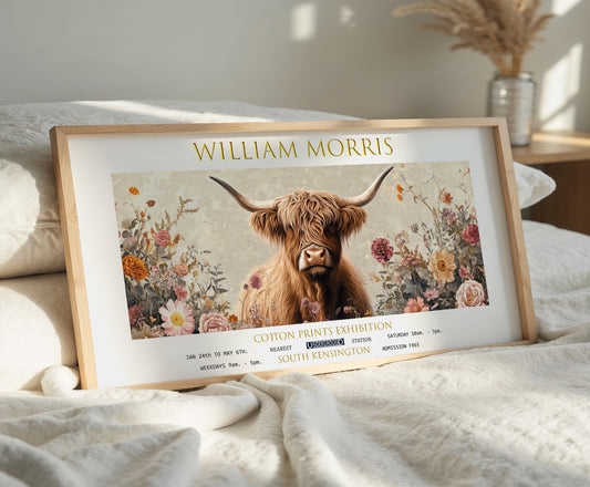 William Morris Highland Cow Panoramic Print, William Morris Exhibition Print, William Morris Poster, Vintage Floral Wall Art, Textiles Art