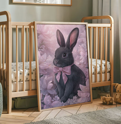 Cute Bunny Nursery Art - Magical Rabbit Print with Cherry Blossoms, Elegant Woodland Animal Decor, Soft Pink Baby Room Illustration