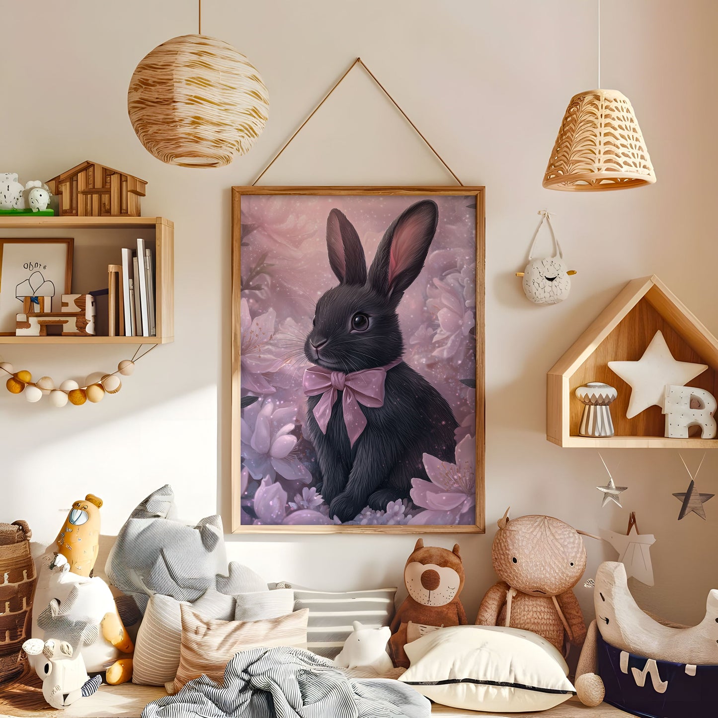 Cute Bunny Nursery Art - Magical Rabbit Print with Cherry Blossoms, Elegant Woodland Animal Decor, Soft Pink Baby Room Illustration