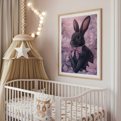 Cute Bunny Nursery Art - Magical Rabbit Print with Cherry Blossoms, Elegant Woodland Animal Decor, Soft Pink Baby Room Illustration