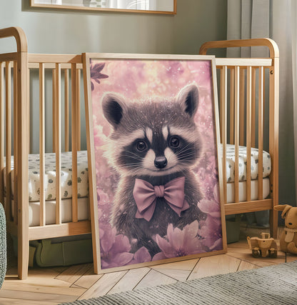 Nursery Wall Art - Cute Animal Print, Whimsical Pastel Nursery Decor, Adorable Racoon Illustration, Soft Pink Kids Room Poster - Babies Room