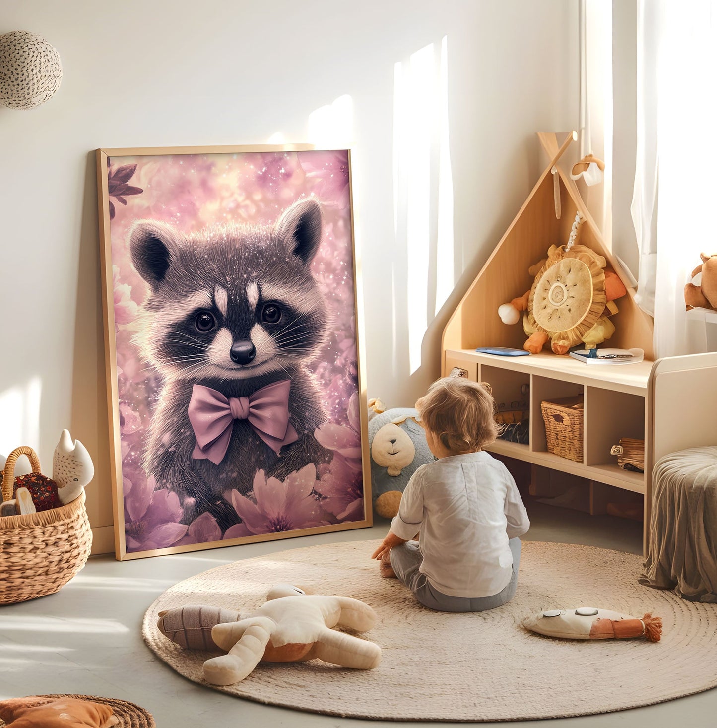 Nursery Wall Art - Cute Animal Print, Whimsical Pastel Nursery Decor, Adorable Racoon Illustration, Soft Pink Kids Room Poster - Babies Room