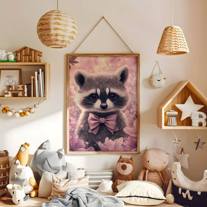 Nursery Wall Art - Cute Animal Print, Whimsical Pastel Nursery Decor, Adorable Racoon Illustration, Soft Pink Kids Room Poster - Babies Room