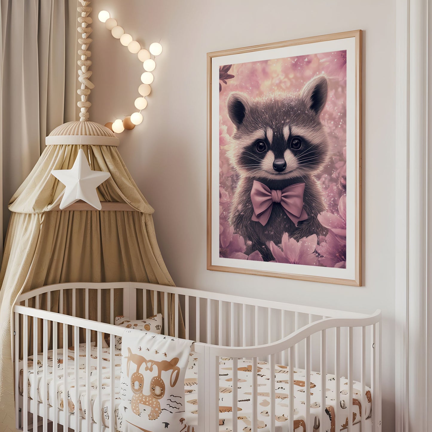 Nursery Wall Art - Cute Animal Print, Whimsical Pastel Nursery Decor, Adorable Racoon Illustration, Soft Pink Kids Room Poster - Babies Room