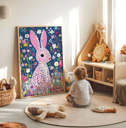 Bunny Nursery Print - Floral Animal Wall Art - Cute Bunny Illustration - Dreamy Fairytale Animal Poster - Boho Kids Room Decor - Cute Print