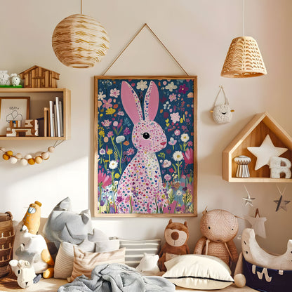 Bunny Nursery Print - Floral Animal Wall Art - Cute Bunny Illustration - Dreamy Fairytale Animal Poster - Boho Kids Room Decor - Cute Print