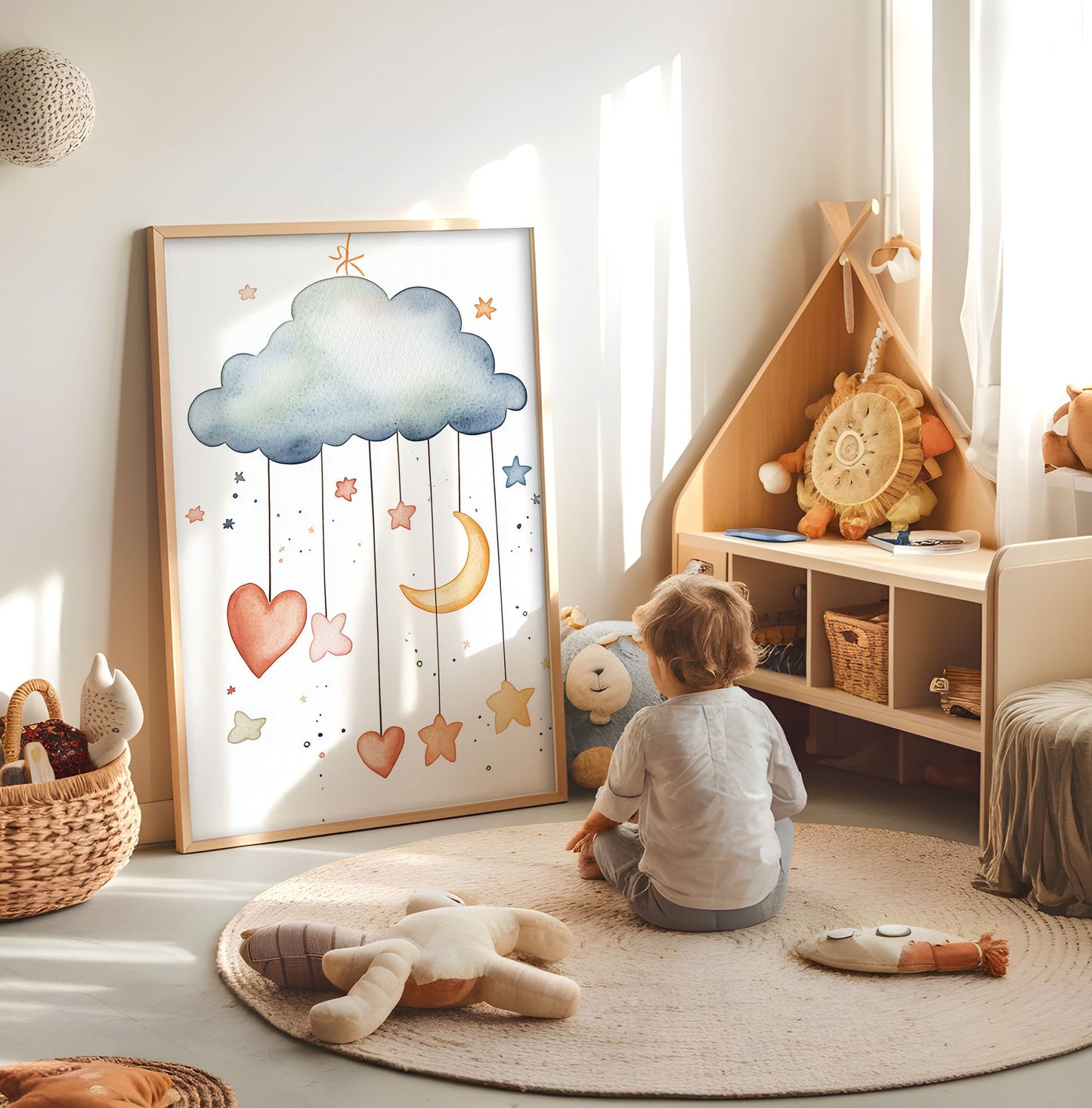 Dreamy Cloud Nursery Print - Moon and Stars Wall Art - Watercolor Baby Room Poster - Boho Sky Mobile Illustration - Neutral Nursery Decor