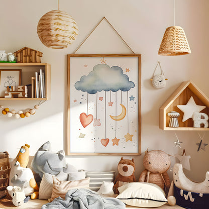 Dreamy Cloud Nursery Print - Moon and Stars Wall Art - Watercolor Baby Room Poster - Boho Sky Mobile Illustration - Neutral Nursery Decor