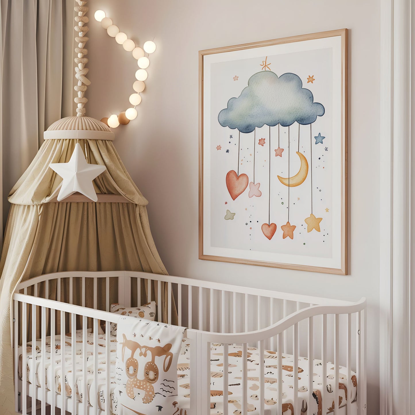 Dreamy Cloud Nursery Print - Moon and Stars Wall Art - Watercolor Baby Room Poster - Boho Sky Mobile Illustration - Neutral Nursery Decor