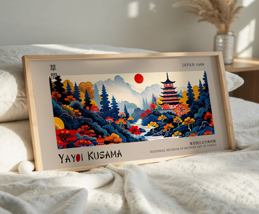 Japanese Art Print - Ukiyo-e Style Pagoda Landscape - Modern Japan Poster - Red Sun Asian Aesthetic, Panoramic Wall Art