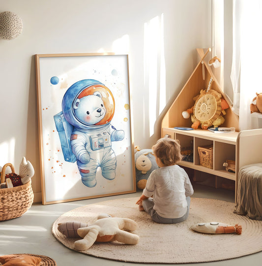 Astronaut Bear Nursery Print - Space Themed Kids Wall Art - Watercolour Cosmic Adventure Poster - Cute Space Explorer Decor - Nursery Poster