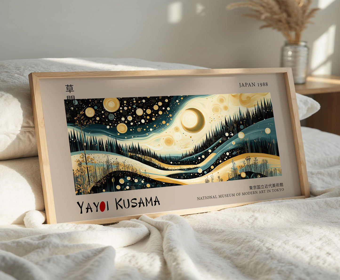 Yayoi Kusama Japanese Art Print - Modern Japandi Wall Art - Abstract Moon & Stars Poster, Zen Nature Decor, Museum Exhibition Print