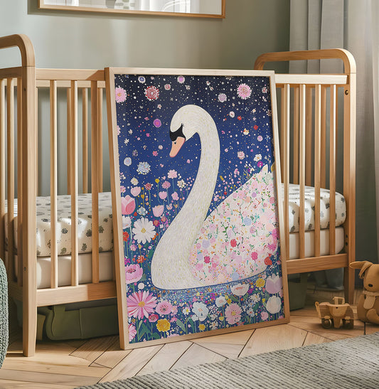 Whimsical Swan Nursery Print - Floral Night Sky Wall Art - Elegant Swan Illustration - Dreamy Fairy-tale Animal Poster - Boho Kids Room Decor