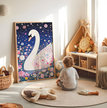 Whimsical Swan Nursery Print - Floral Night Sky Wall Art - Elegant Swan Illustration - Dreamy Fairy-tale Animal Poster - Boho Kids Room Decor