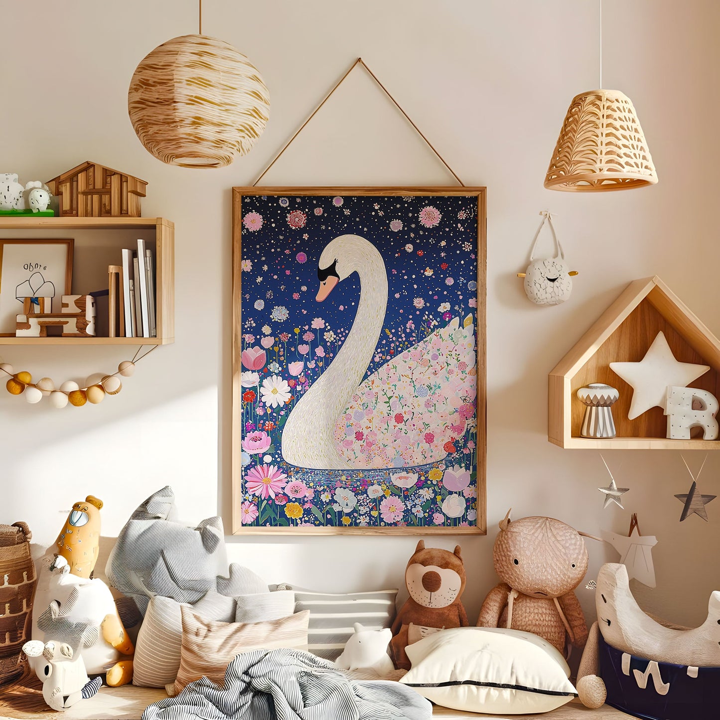 Whimsical Swan Nursery Print - Floral Night Sky Wall Art - Elegant Swan Illustration - Dreamy Fairy-tale Animal Poster - Boho Kids Room Decor