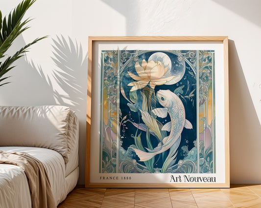 Floral Art Nouveau Print – Vintage French Wall Art - Classic Art Decor - Gallery Wall Poster  - Koi Karp Print