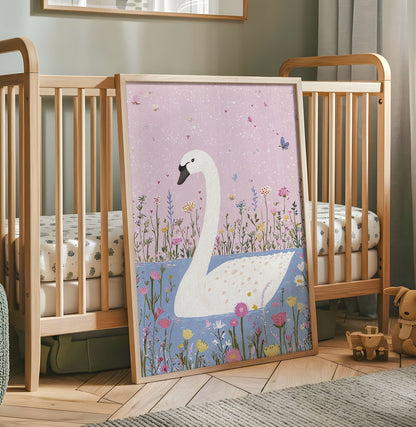 Whimsical Swan Nursery Print - Floral Lake Wall Art - Elegant Swan Illustration - Dreamy Fairytale Animal Poster - Pink Kids Room Decor