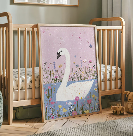 Whimsical Swan Nursery Print - Floral Lake Wall Art - Elegant Swan Illustration - Dreamy Fairytale Animal Poster - Pink Kids Room Decor