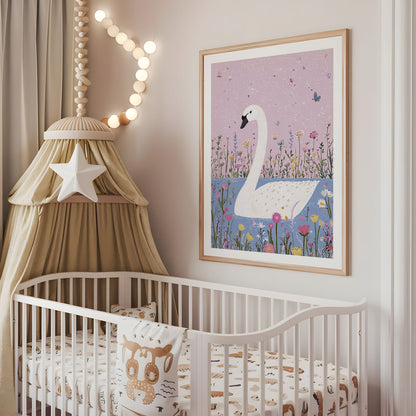 Whimsical Swan Nursery Print - Floral Lake Wall Art - Elegant Swan Illustration - Dreamy Fairytale Animal Poster - Pink Kids Room Decor