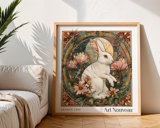 Rabbit Art Nouveau Print – Vintage French Wall Art - Classic Art Decor - Gallery Wall Poster  - Woodland Floral Print