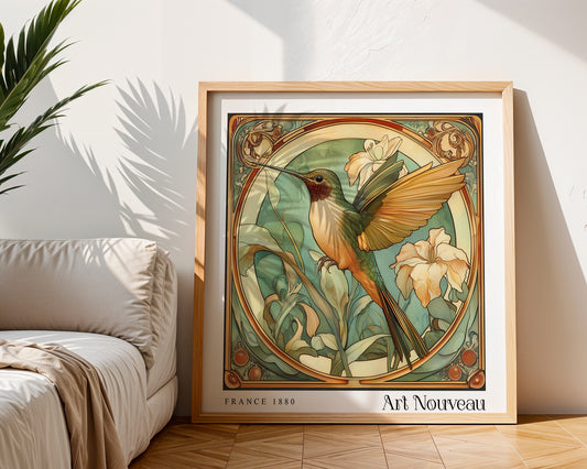 Floral Art Nouveau Print – Vintage French Wall Art - Classic Art Decor - Gallery Wall Poster - Humming Bird Print