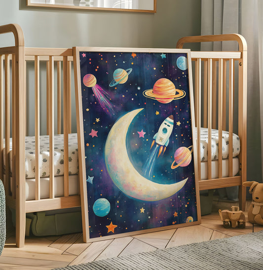 Space Adventure Nursery Print - Rocket Ship and Moon Wall Art - Outer Space Illustration - Cosmic Kids Room Decor - Planets and Stars Poster