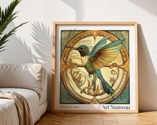 Floral Humming Bird Art Nouveau Print – Vintage French Wall Art - Classic Art Decor - Gallery Wall Poster
