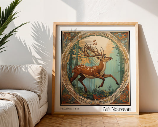Stag Art Nouveau Print – Vintage French Wall Art - Classic Art Decor - Gallery Wall Poster - Woodland Floral Print
