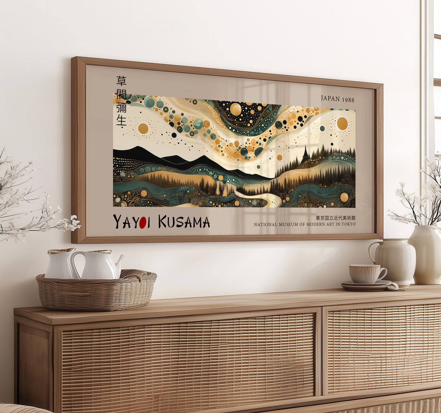 Yayoi Kusama Panoramic Art Print - Celestial Landscape Wall Decor, Japanese Wall Print, Modern Abstract Poster, Moon And Stars