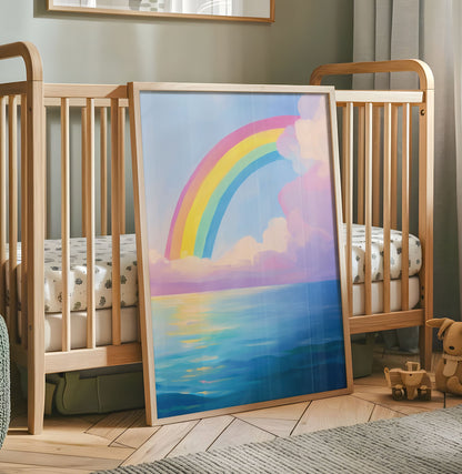 Dreamy Rainbow Over Ocean Print - Rainbow Wall Art - Whimsical Cloud Landscape Poster - Pastel Nursery Decor - Colorful Rainbow Artwork