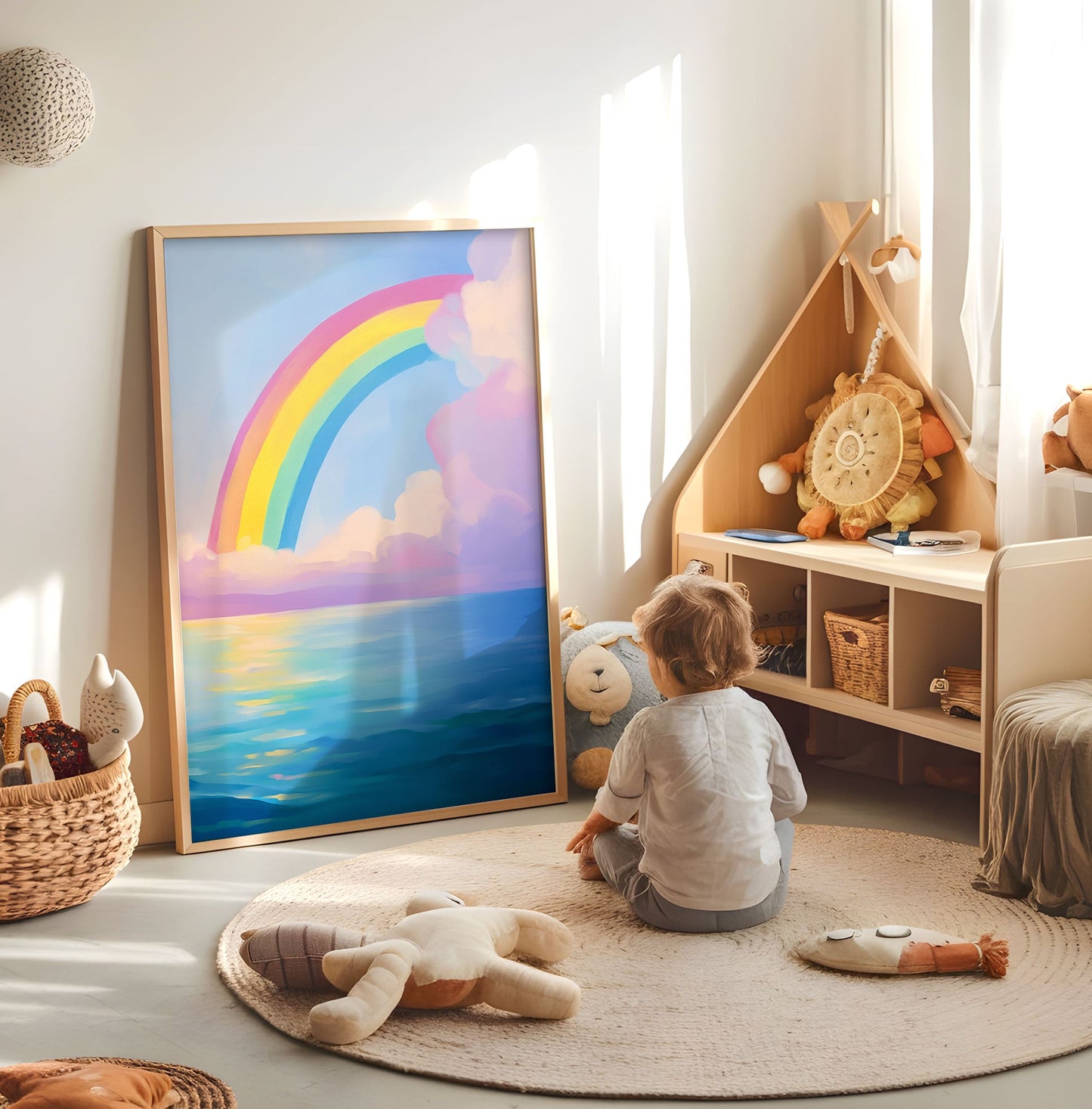 Dreamy Rainbow Over Ocean Print - Rainbow Wall Art - Whimsical Cloud Landscape Poster - Pastel Nursery Decor - Colorful Rainbow Artwork