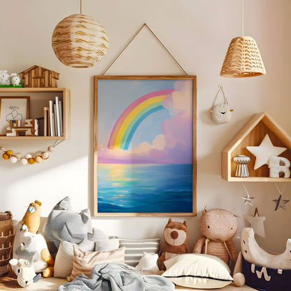 Dreamy Rainbow Over Ocean Print - Rainbow Wall Art - Whimsical Cloud Landscape Poster - Pastel Nursery Decor - Colorful Rainbow Artwork