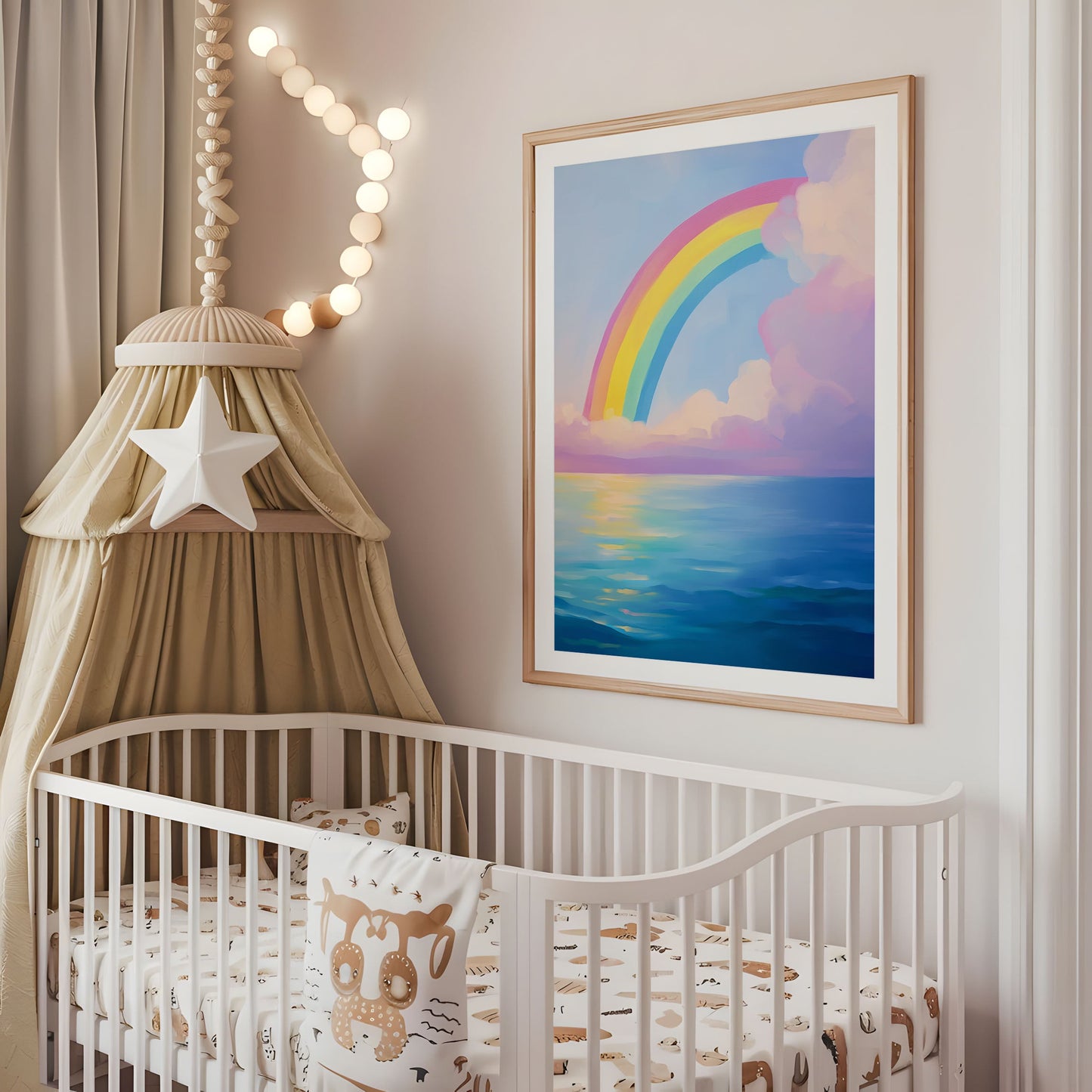 Dreamy Rainbow Over Ocean Print - Rainbow Wall Art - Whimsical Cloud Landscape Poster - Pastel Nursery Decor - Colorful Rainbow Artwork