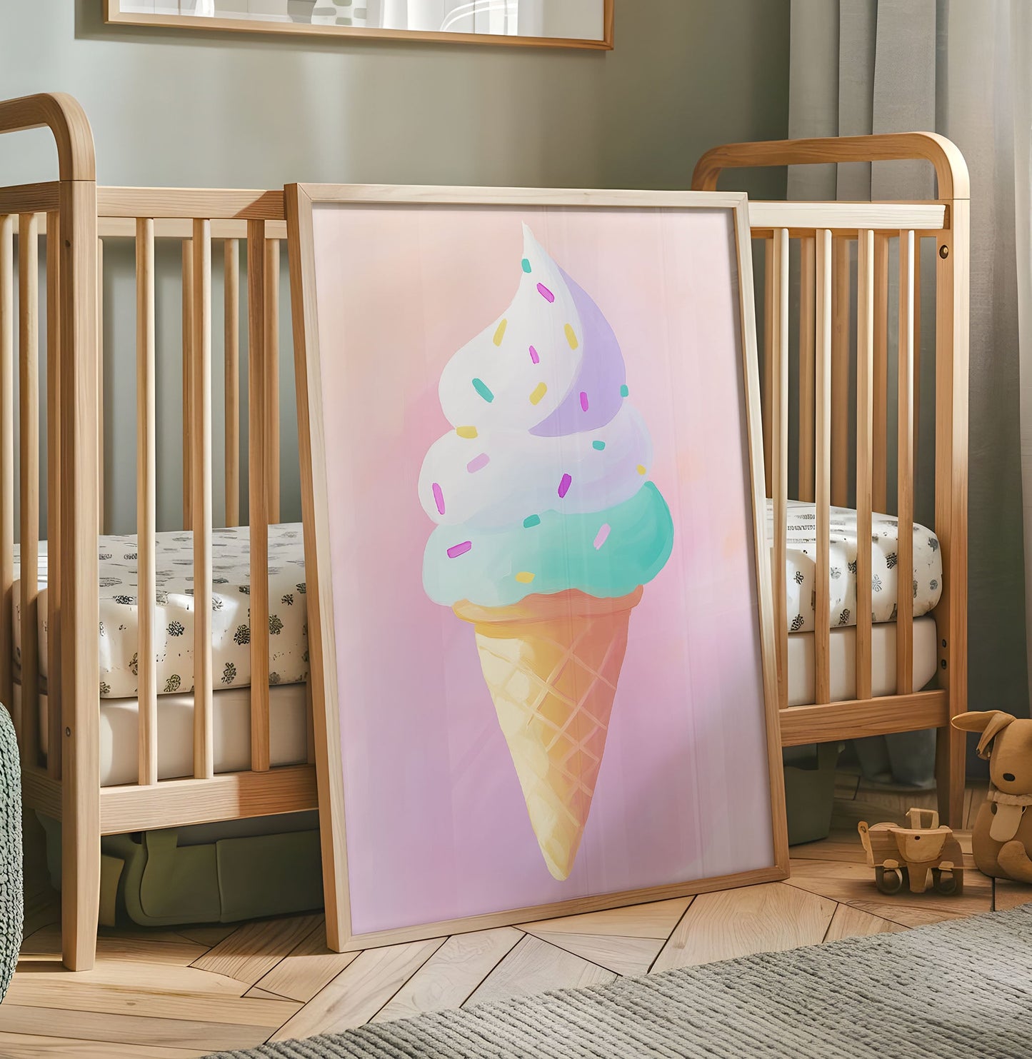 Pastel Ice Cream Cone Print - Whimsical Dessert Wall Art - Cute Candy Shop Poster - Sweet Treats Decor - Playful Nursery Illustration