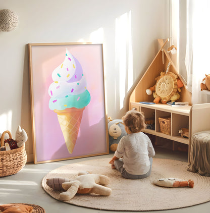 Pastel Ice Cream Cone Print - Whimsical Dessert Wall Art - Cute Candy Shop Poster - Sweet Treats Decor - Playful Nursery Illustration