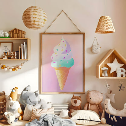 Pastel Ice Cream Cone Print - Whimsical Dessert Wall Art - Cute Candy Shop Poster - Sweet Treats Decor - Playful Nursery Illustration