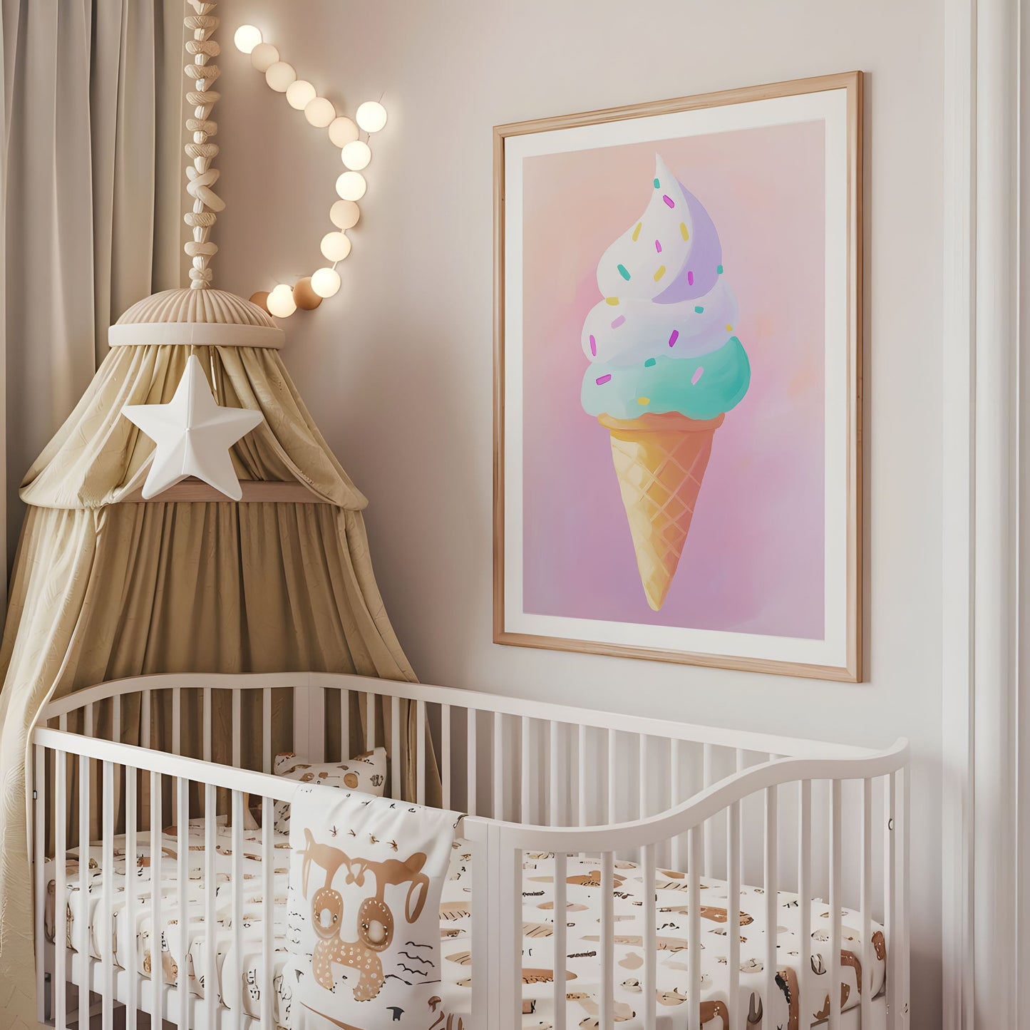 Pastel Ice Cream Cone Print - Whimsical Dessert Wall Art - Cute Candy Shop Poster - Sweet Treats Decor - Playful Nursery Illustration