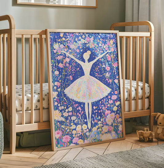 Ballerina Art Print - Fantasy Floral Artwork - Dreamy Fairytale Wall Art - Pastel Dance Poster - Colourful Cottagecore Girls Room Decor