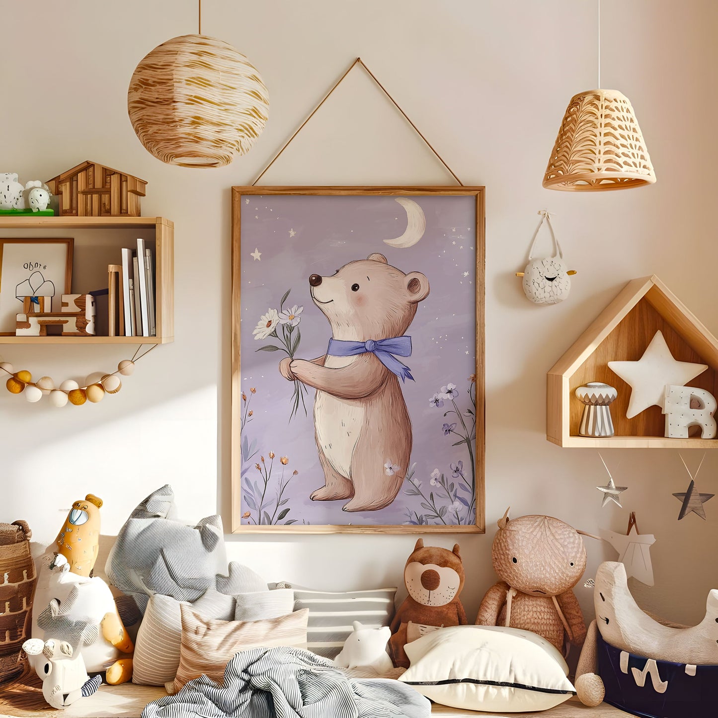 Whimsical Bear Nursery Print - Cute Teddy with Flowers Illustration - Dreamy Woodland Animal Wall Art - Boho Kids Room Decor - Pastel Poster