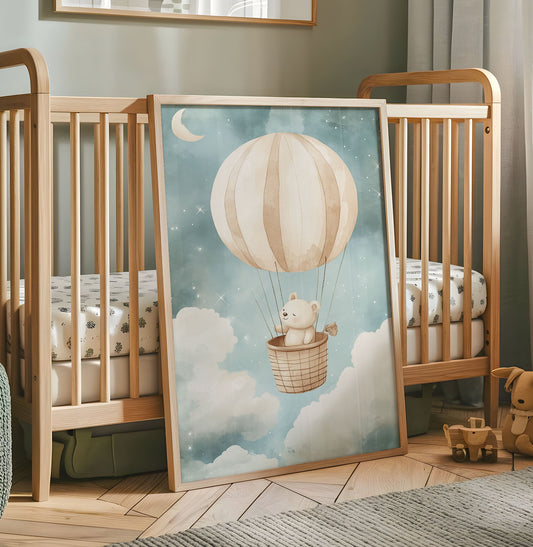 Bear Hot Air Balloon Nursery Print - Whimsical Woodland Animal Wall Art - Boho Baby Room Decor - Clouds Nursery Poster - Neutral Wall Art