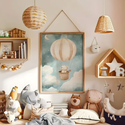 Bear Hot Air Balloon Nursery Print - Whimsical Woodland Animal Wall Art - Boho Baby Room Decor - Clouds Nursery Poster - Neutral Wall Art