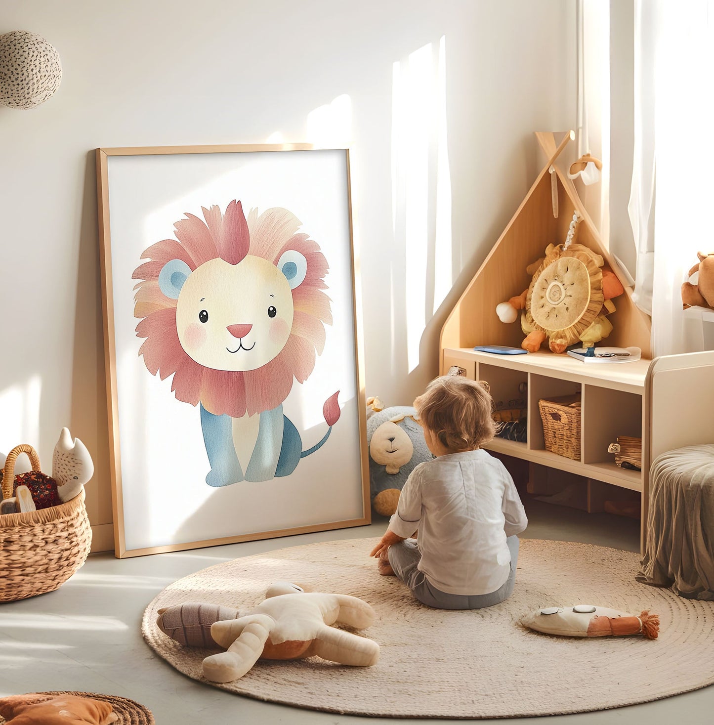 Cute Lion Nursery Print - Whimsical Safari Animal Wall Art - Pastel Jungle Illustration - Lion Kids Room Decor - Gender Neutral Baby Poster