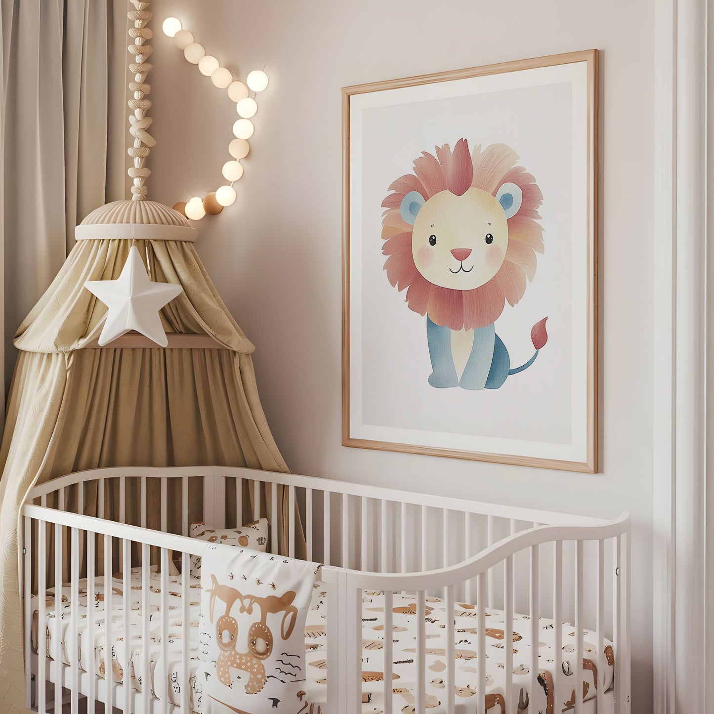 Cute Lion Nursery Print - Whimsical Safari Animal Wall Art - Pastel Jungle Illustration - Lion Kids Room Decor - Gender Neutral Baby Poster