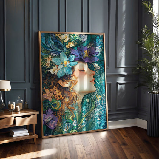 Floral Woman Art Print – Botanical Wall Art – Whimsical Poster – Nature-Inspired Home Decor – Art Deco – Art Nouveau Style