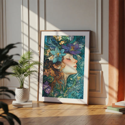 Floral Woman Art Print – Botanical Wall Art – Whimsical Poster – Nature-Inspired Home Decor – Art Deco – Art Nouveau Style