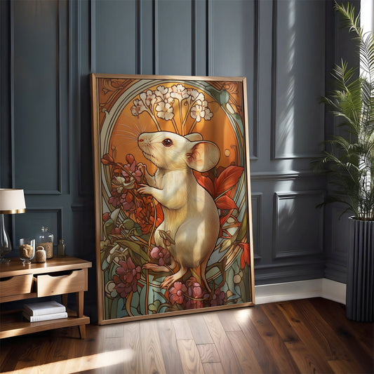 Art Nouveau Mouse Print – Whimsical Animal Wall Art – Floral Mouse Illustration – Vintage Style Home Decor – Art Deco