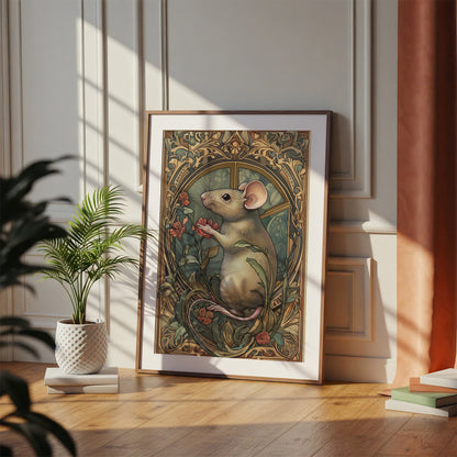 Art Nouveau Mouse Print – Whimsical Animal Wall Art – Floral Mouse Illustration – Vintage Style Home Decor – Art Deco