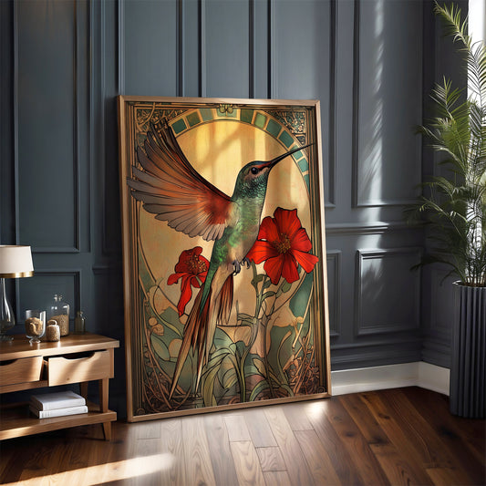 Art Nouveau Hummingbird Print – Botanical Bird Wall Art – Vintage Floral Illustration – Nature-Inspired Home Decor – Whimsical Animal Artwork